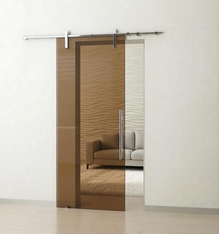 Стеклянная межкомнатная откатная дверь с бронзовым стеклом МСП-947
