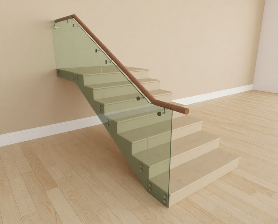 Стеклянное ограждение лестницы с деревянным поручнем на вынос на точечных крепежах МСП-ОГ23